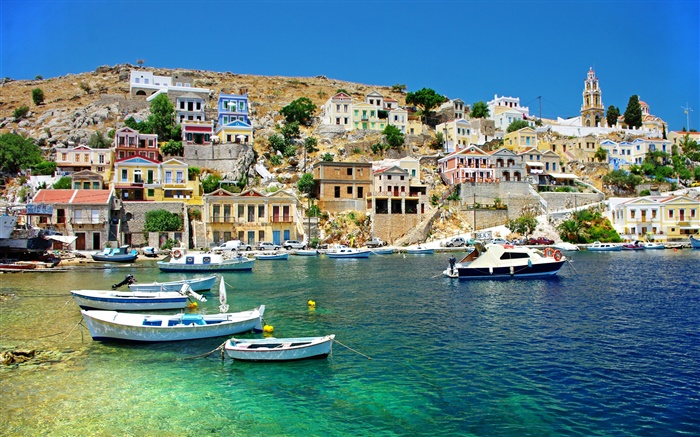 Griechenland, Häuser, Küste, Meer, Boote Hintergrundbilder Bilder