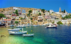 Griechenland, Häuser, Küste, Meer, Boote HD Hintergrundbilder