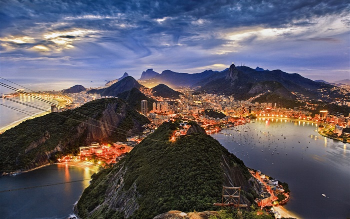 Guanabara-Bucht, Stadt, Küste, Nacht, Lichter, Rio de Janeiro, Brasilien Hintergrundbilder Bilder