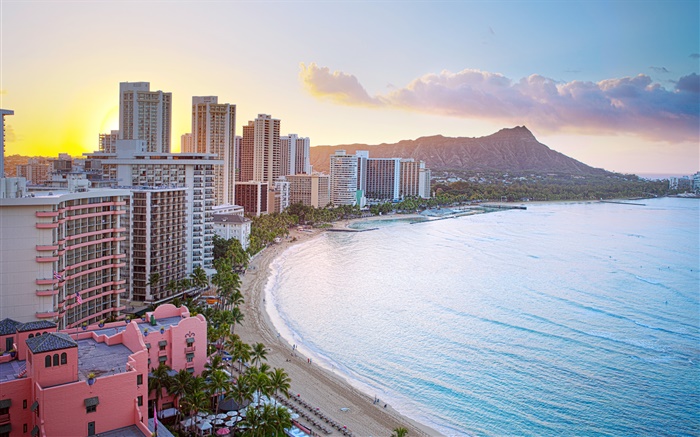 Honolulu, Waikiki Beach, Diamond Head Krater, Gebäude, Sonnenaufgang Hintergrundbilder Bilder