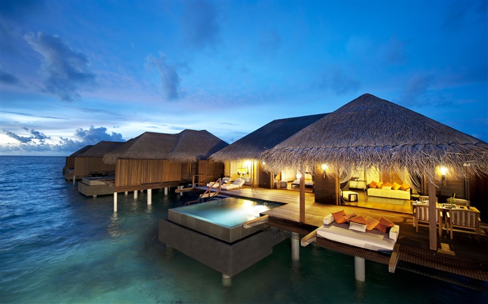 Hotel, Malediven, Indischer Ozean, Nacht, Lichter Hintergrundbilder Bilder