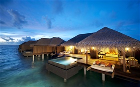 Hotel, Malediven, Indischer Ozean, Nacht, Lichter HD Hintergrundbilder