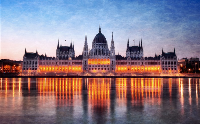 Ungarn, Budapest, Parlamentsgebäude, nacht, lichter, Donau, Reflexion Hintergrundbilder Bilder