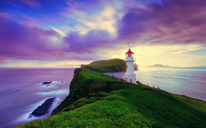 Island, Färöer, Leuchtturm, Küste, Abenddämmerung, lila Himmel Hintergrundbilder Bilder