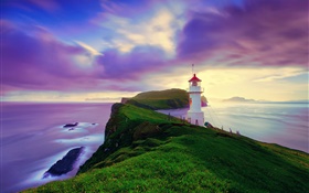 Island, Färöer, Leuchtturm, Küste, Abenddämmerung, lila Himmel HD Hintergrundbilder