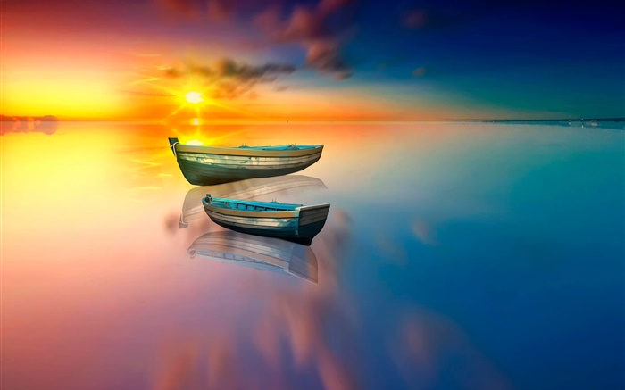 See, Boot, Wasser Reflexion, Sonnenuntergang Hintergrundbilder Bilder