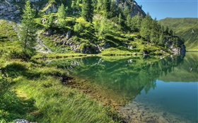 See, Berge, Bäume, Gras, Wasser Reflexion HD Hintergrundbilder