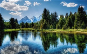 See, Bäume, Berge, Wolken, Wasser Reflexion HD Hintergrundbilder