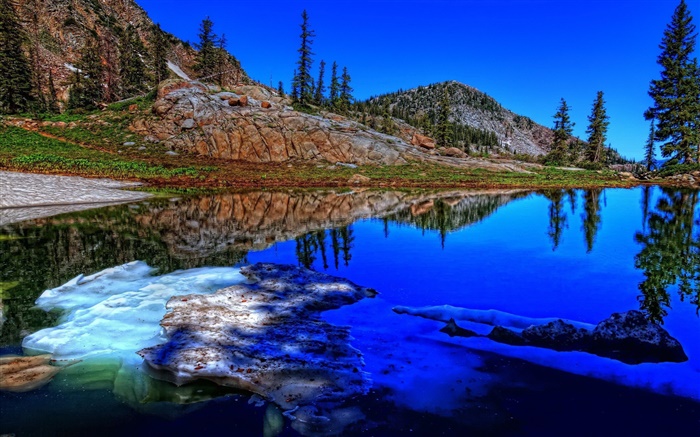 See, Bäume, Berge, Eis, Wasser Reflexion Hintergrundbilder Bilder