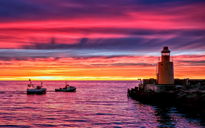 Leuchtturm, Strand, Meer, Boote, Sonnenuntergang, roten Himmel Hintergrundbilder Bilder