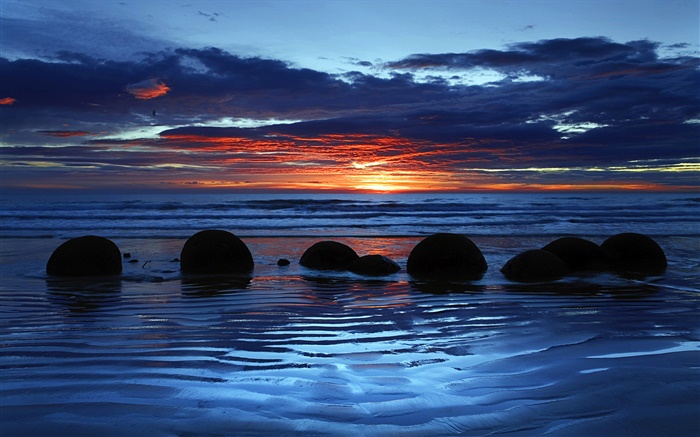 Moeraki Boulders, Koekohe Strand, Meer, Sonnenuntergang, South Island, Neuseeland Hintergrundbilder Bilder