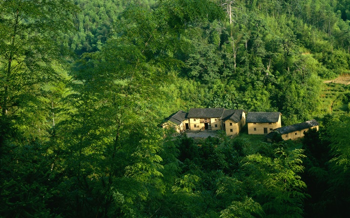 Berge, Bäume, Grün, altes Haus, chinesische Landschaft Hintergrundbilder Bilder