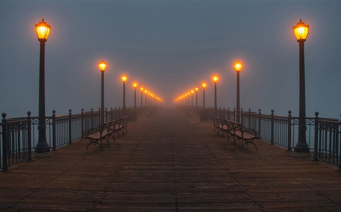 Nacht, Brücke, Anlegestelle, Lichter, Nebel Hintergrundbilder Bilder