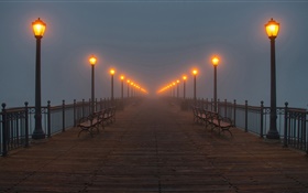 Nacht, Brücke, Anlegestelle, Lichter, Nebel HD Hintergrundbilder