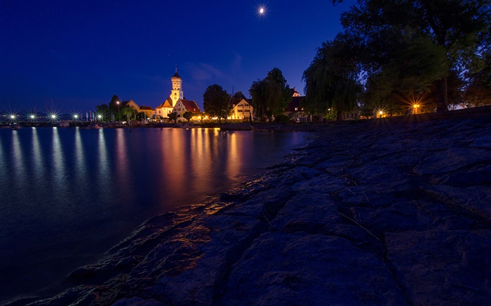 Nacht, Häuser, Lichter, Bodensee, Bayern, Deutschland Hintergrundbilder Bilder