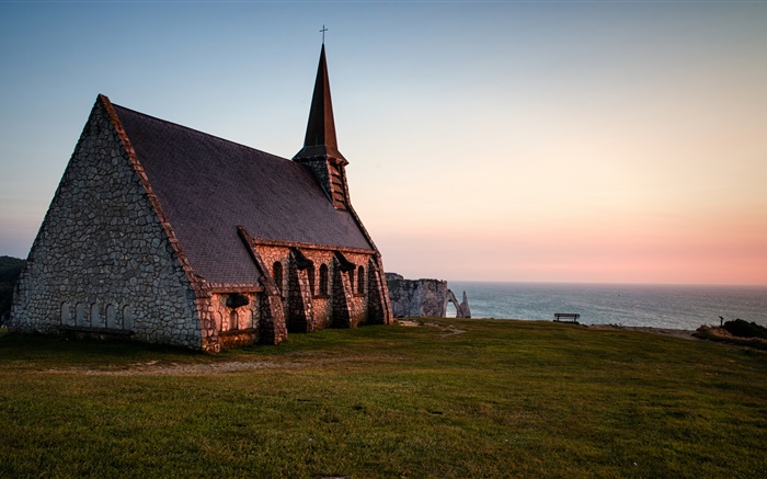 Normandie, Frankreich, Kirche, Abend, Meer Hintergrundbilder Bilder