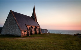 Normandie, Frankreich, Kirche, Abend, Meer HD Hintergrundbilder
