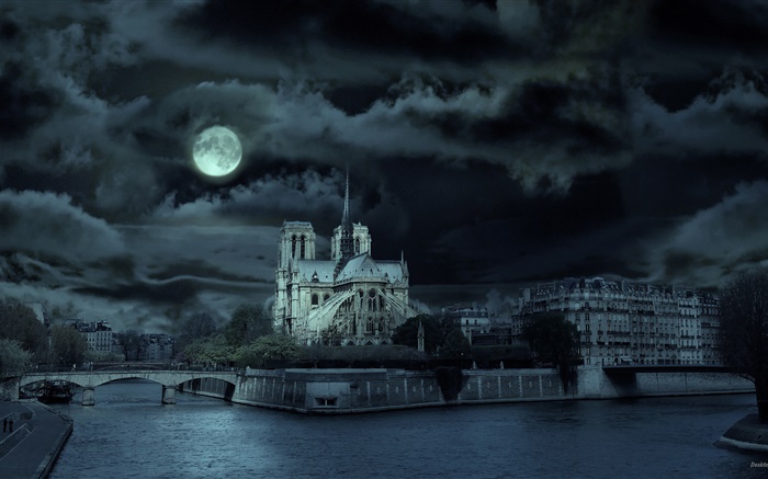 Notre Dame, Frankreich, Nacht, Fluss, Mond Hintergrundbilder Bilder