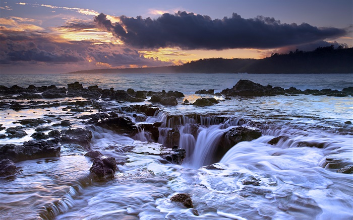 Ozean, zurückfließt, Sonnenuntergang, Kauai, Hawaii, USA Hintergrundbilder Bilder