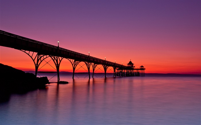 Roter Himmel, Pier, Meer, Sonnenuntergang, Licht Hintergrundbilder Bilder