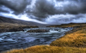 Fluss, Berge, Wolken, Dämmerung HD Hintergrundbilder