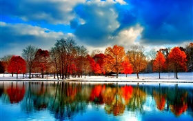 Fluss, Bäume, Herbst, Wolken, Schnee, blauer Himmel
