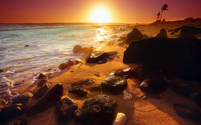 Felsige Küstenlinie, Sonnenuntergang, Hawaii, USA Hintergrundbilder Bilder