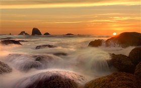 Meer, Küste, Steine, Strom, Wolken, Sonnenaufgang HD Hintergrundbilder