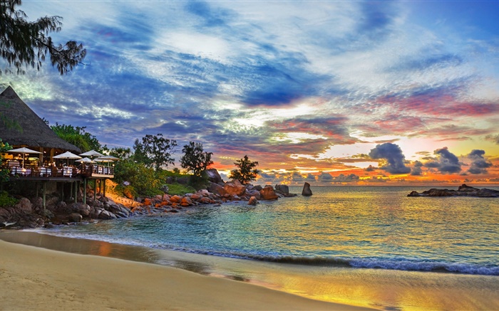Seychellen, im Ferienort Haus, Nacht, Lichter, Meer, Strand Hintergrundbilder Bilder