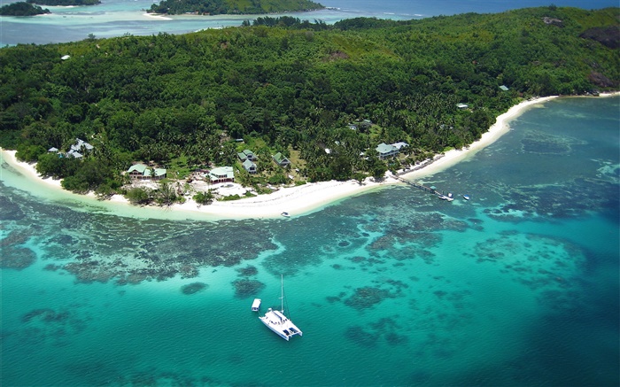 Seychellen, Ansicht von oben, Boote, Meer Hintergrundbilder Bilder
