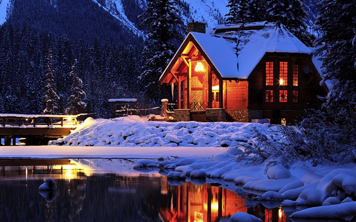 Schnee, Nacht, Lodge, Emerald Lake, Yoho Nationalpark, Kanada Hintergrundbilder Bilder