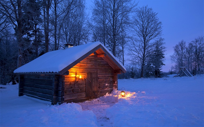 Schnee, Holzhaus, kahlen Bäumen, Winter, Nacht, Schweden Hintergrundbilder Bilder