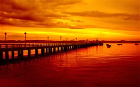 Sonnenuntergang, Pier, rot Art, boote, fluss HD Hintergrundbilder