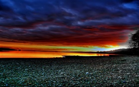 Sonnenuntergang Landschaft, Flussufer, Stein, roten Himmel HD Hintergrundbilder
