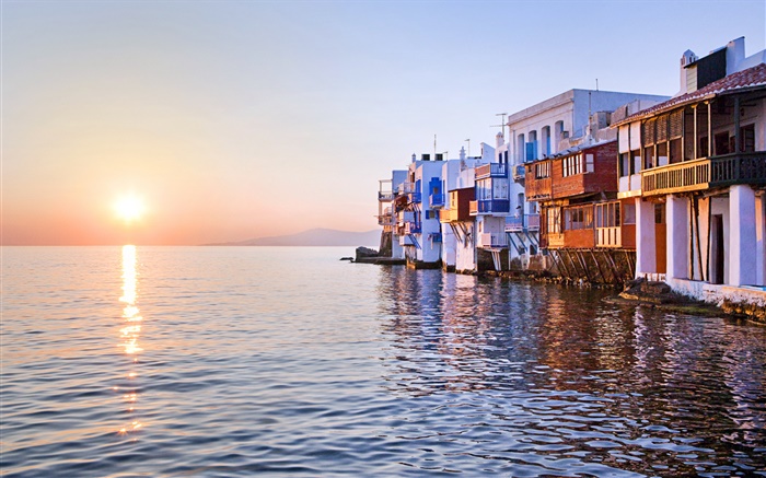 Sonnenuntergang, Meer, Haus, Little Venice, Mykonos, Griechenland Hintergrundbilder Bilder