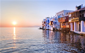Sonnenuntergang, Meer, Haus, Little Venice, Mykonos, Griechenland HD Hintergrundbilder