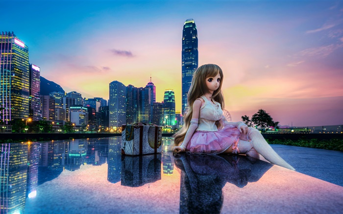 Spielzeug, Puppe, schönes Mädchen, Stadt, Gebäude, Hong Kong Hintergrundbilder Bilder