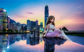 Spielzeug, Puppe, schönes Mädchen, Stadt, Gebäude, Hong Kong