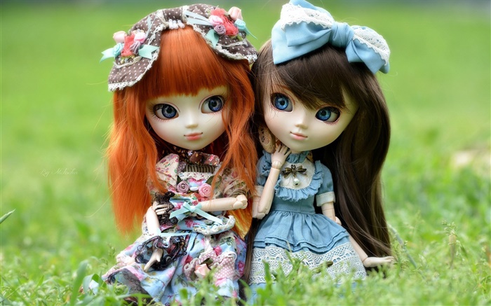 Zwei Spielzeug-Mädchen, rot und schwarzes Haar, Puppe Hintergrundbilder Bilder