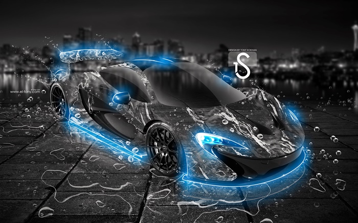 Wasserspritzen Auto, schwarz Supersportwagen, kreatives Design Hintergrundbilder Bilder