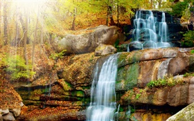 Wasserfälle, Steine, herbst, bäume, sonne HD Hintergrundbilder