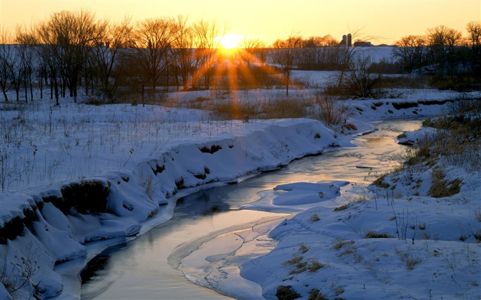 Winter, Fluss, Schnee, Bäume, Morgendämmerung, Sonnenaufgang Hintergrundbilder Bilder