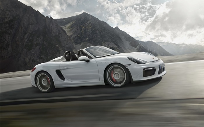 2015 Porsche Boxster Spyder 981 weißes Auto Geschwindigkeits Hintergrundbilder Bilder