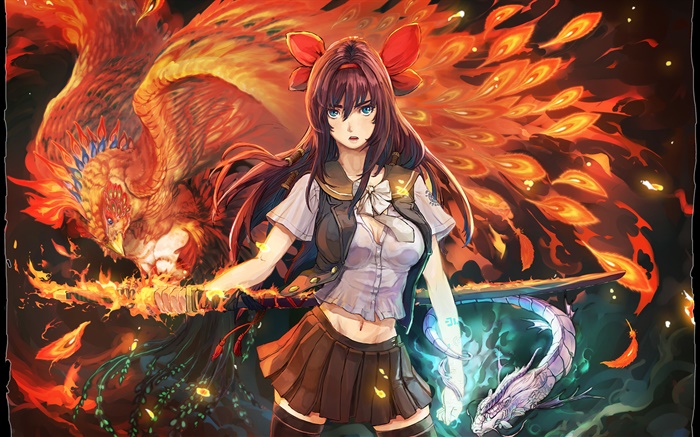 Anime girl, Phoenix Flamme Hintergrundbilder Bilder