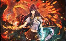 Anime girl, Phoenix Flamme HD Hintergrundbilder