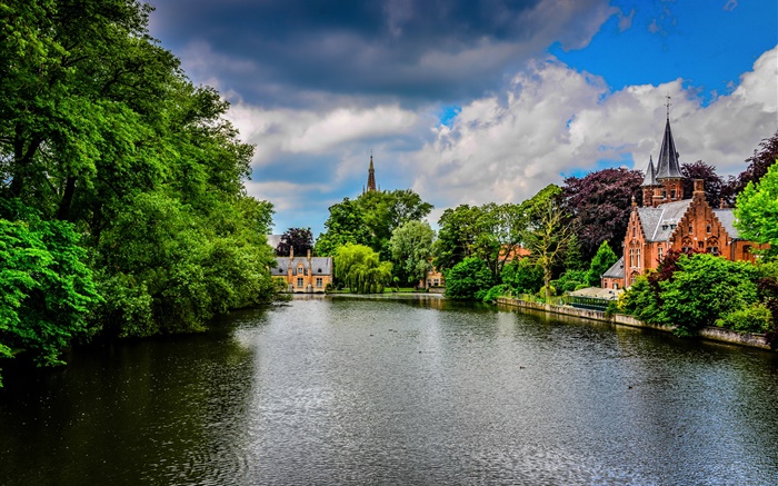 Brugge, Belgium, Minnewater Park, Fluss, Gebäude, Bäume, Wolken Hintergrundbilder Bilder