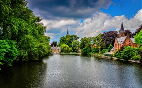 Brugge, Belgium, Minnewater Park, Fluss, Gebäude, Bäume, Wolken HD Hintergrundbilder