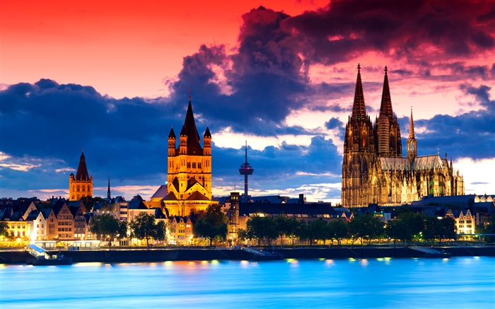 Köln, Deutschland, Dom, Stadt, Nacht, Fluss, Wolken Hintergrundbilder Bilder