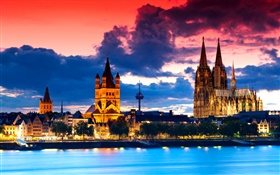 Köln, Deutschland, Dom, Stadt, Nacht, Fluss, Wolken