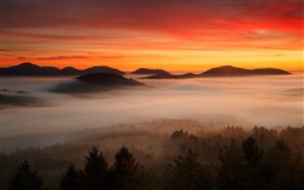 Morgendämmerung, Berge, Wald, Wolken, roten Himmel, Nebel
